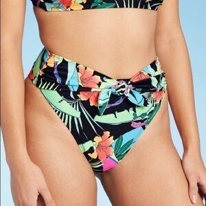 NEW Sash Tie Cheeky High Leg Palm Print High Waist Bikini Bottom XL